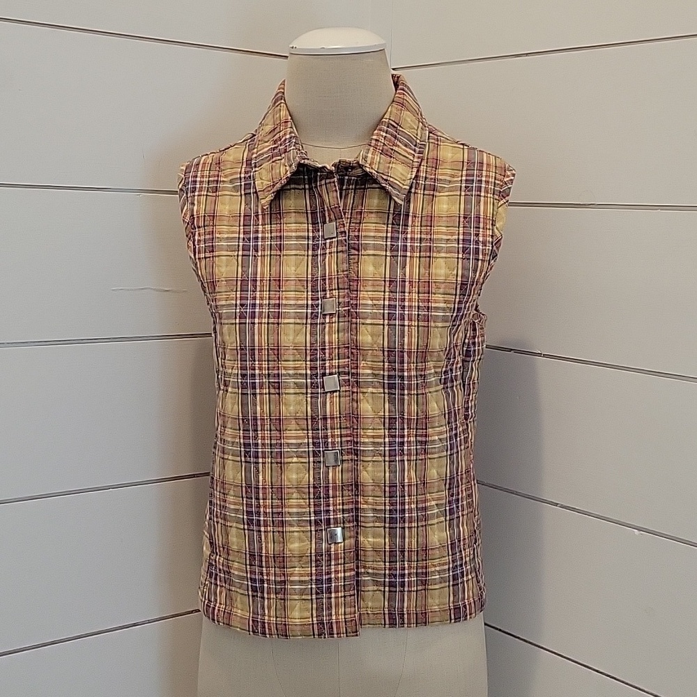 Christopher & Banks small quilted plaid vest with snap buttons